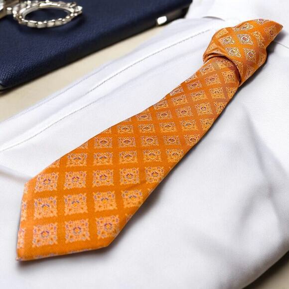 XMI Platinum Silk Tie Mens Orange Blue Geometric Formal Business Classic - Picture 1 of 9